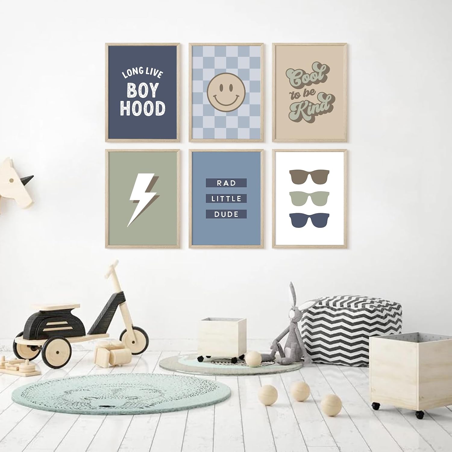 Boy Nursery Wall Art Decor Toddler Baby Boy Room Canvas Pictures Blue Cool Nursery Poster Teen Playroom Prints Long Live Boyhood Artwork for Kids Bedroom 12x16 Inch Wood Framed Set of 6