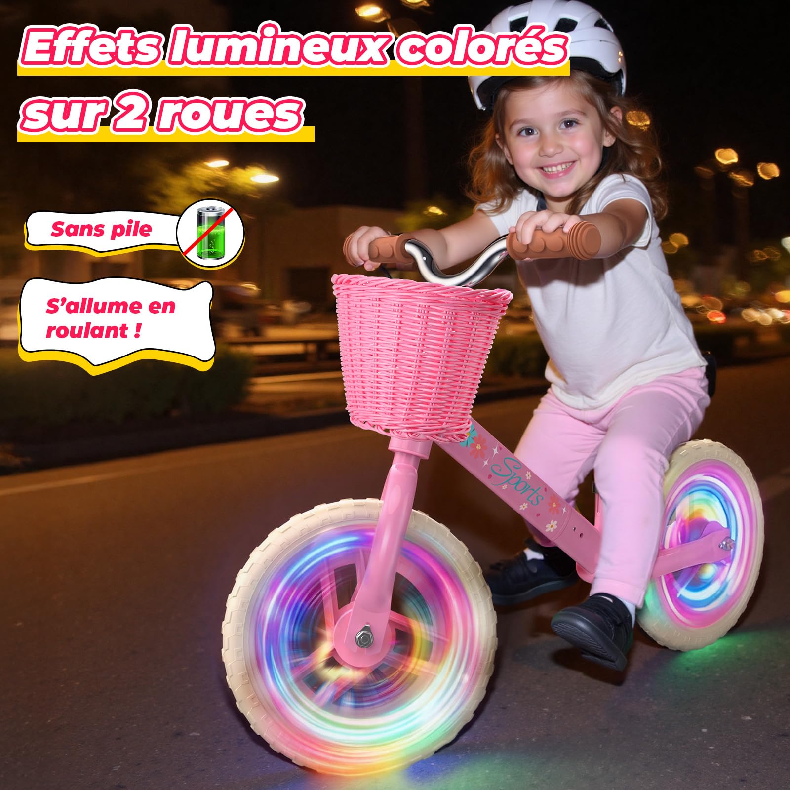 HappyGoLucky Draisienne 2-5 Ans, Draisienne Evolutive – Roues Lumineuses/Hauteur Réglable/Panier Tressé, Jouet Cadeau Fille 2-5 Ans Cadeau Anniversaire Jouet Exterieur