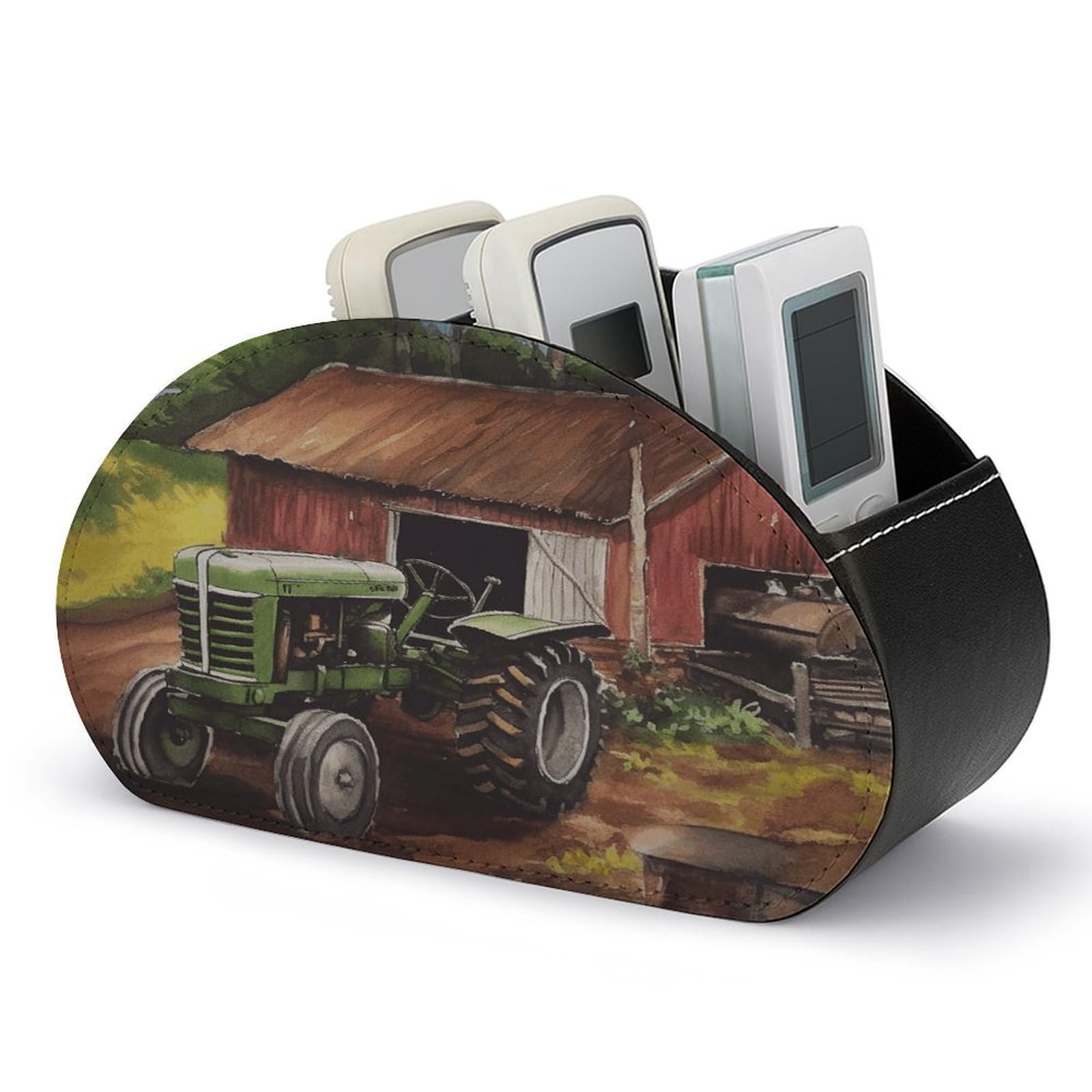 VstaDank Tractor on The Farm Remote Control Holder Farmhouse TV Media Remote Storage Box with 5 Compartments PU Leather Remote Caddy Desktop Organizer for Home Bedside Table Organizer