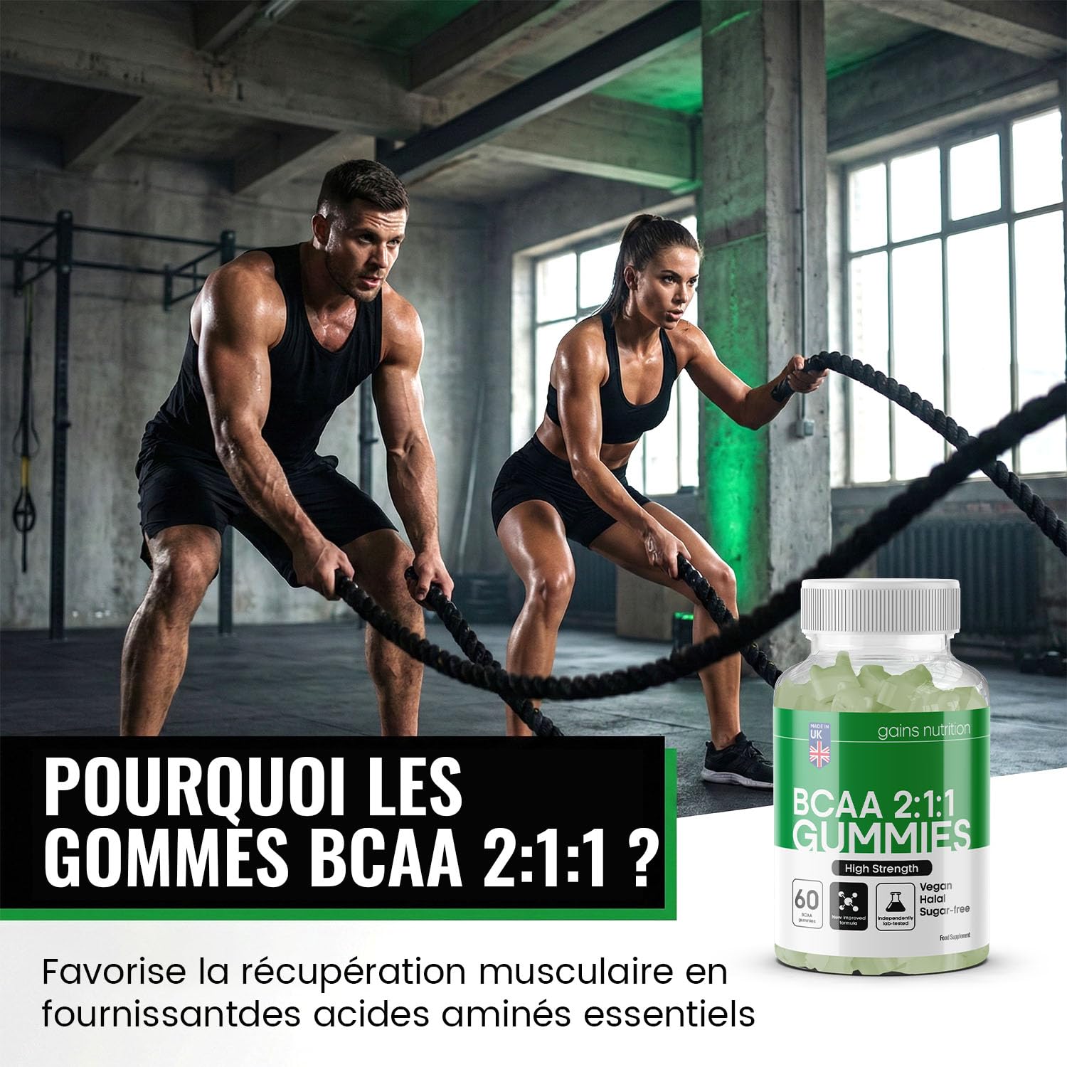 GN BCAA Gummies | 60 Gommes Acides Amines BCAA - 1000 mg Acide Aminé ramifié par portion - Complément L-Leucine L-Isoleucine L-Valine | Saveur pomme | Sans OGM Convient aux Végétaliens et Végétariens