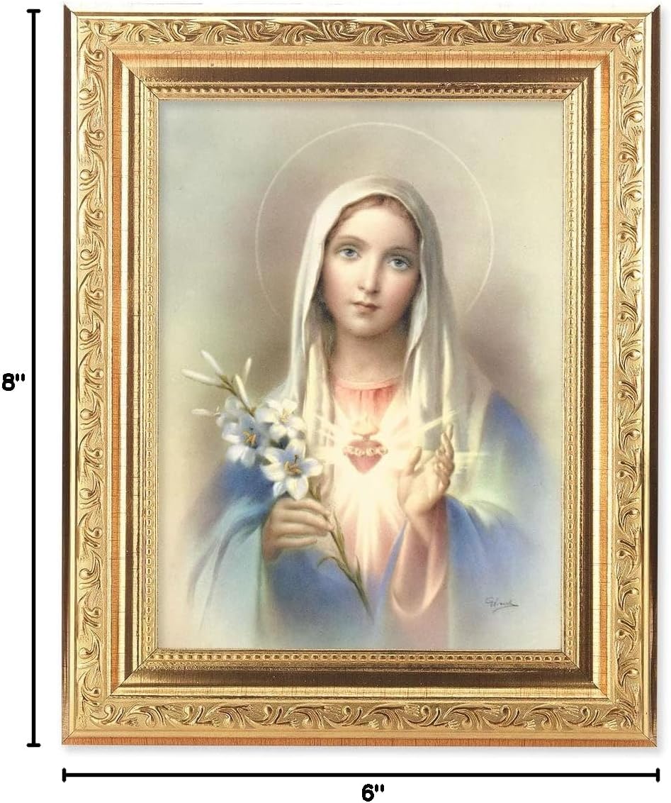 Immaculate Heart of Mary Picture Framed Wall Art Decor, Medium, Gold-Leaf Antique Finished Frame with Acanthus-Leaf Detail