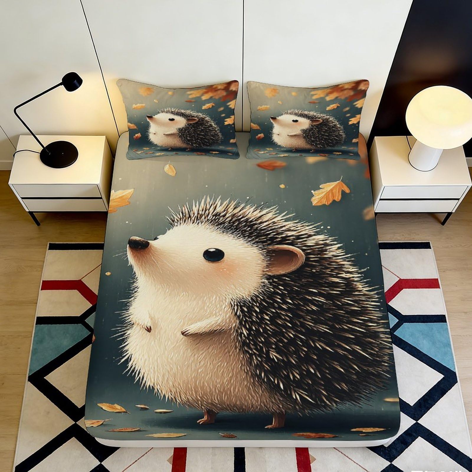 3D Printed Hedgehog Autumn Leaves Fitted Sheet Microfiber Slip-Resistant Bed Cover Mattress Protector for Bedroom Dorm Decor 140x200x25cm