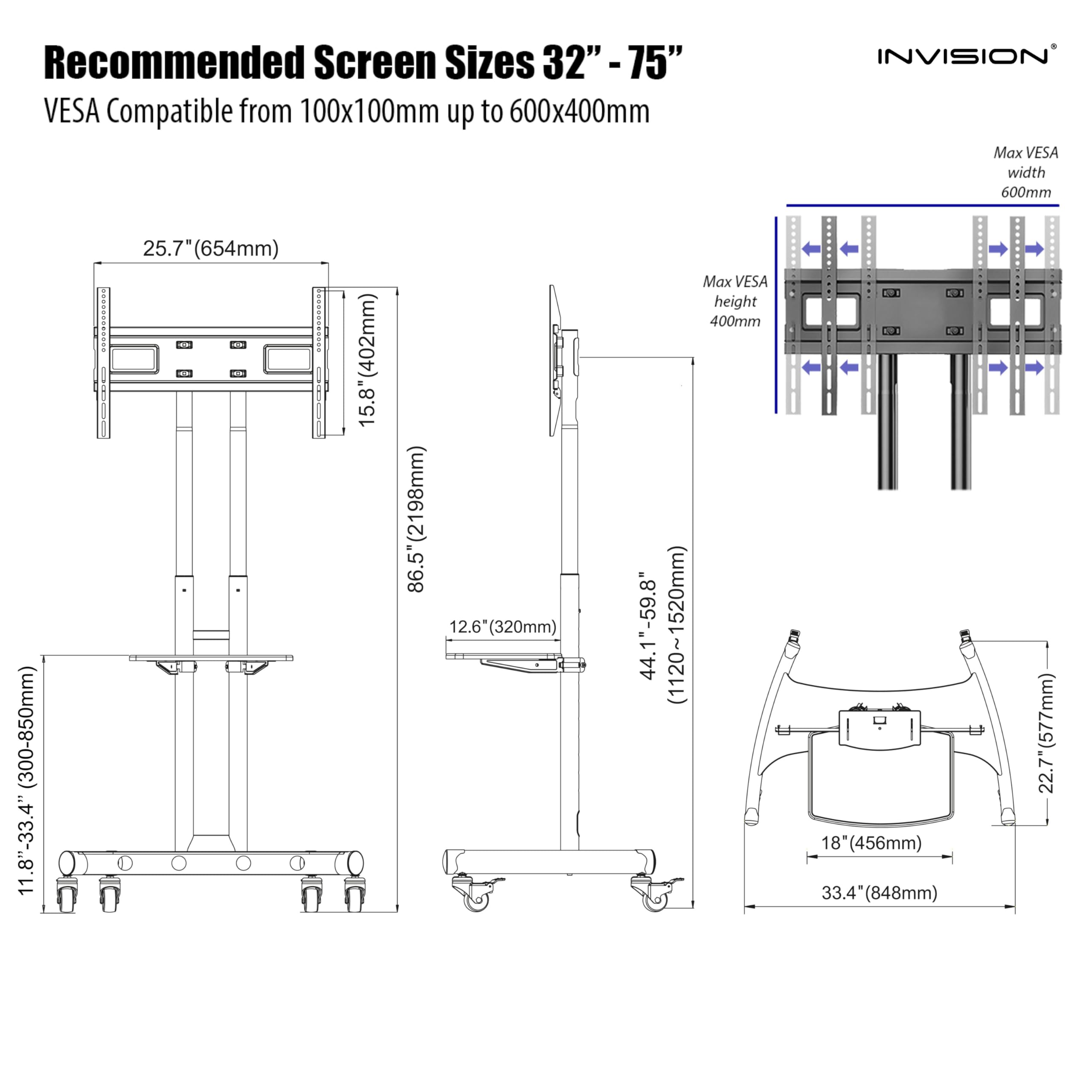 Invision Support TV sur Pied 32-75" Écran, Chariot Meuble TV à roulettes Réglable en Hauteur avec 1 Etagère, Anti Basculement et Ultra Stable, Jusqu'à 45.5kg Max VESA 600x400mm GT1200 ScreenStation