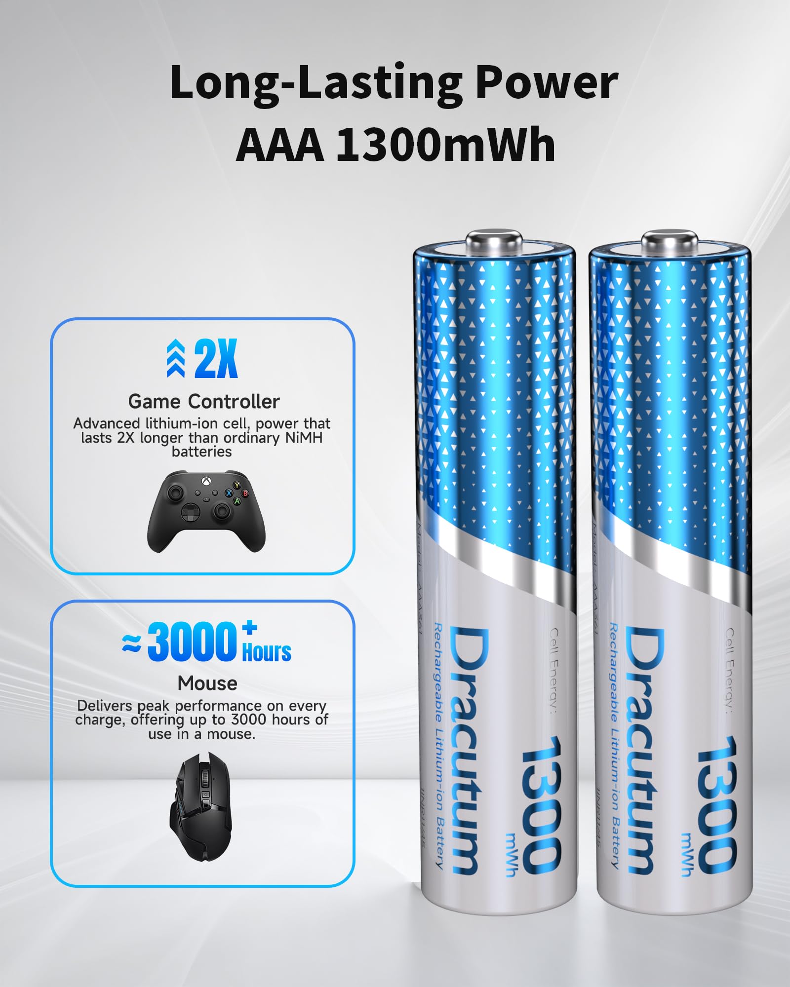 Paquete de 8 pilas AAA recargables, 1300 mWh, baterías de litio recargables AAA de 1,5 V, más de 2000 ciclos de larga duración