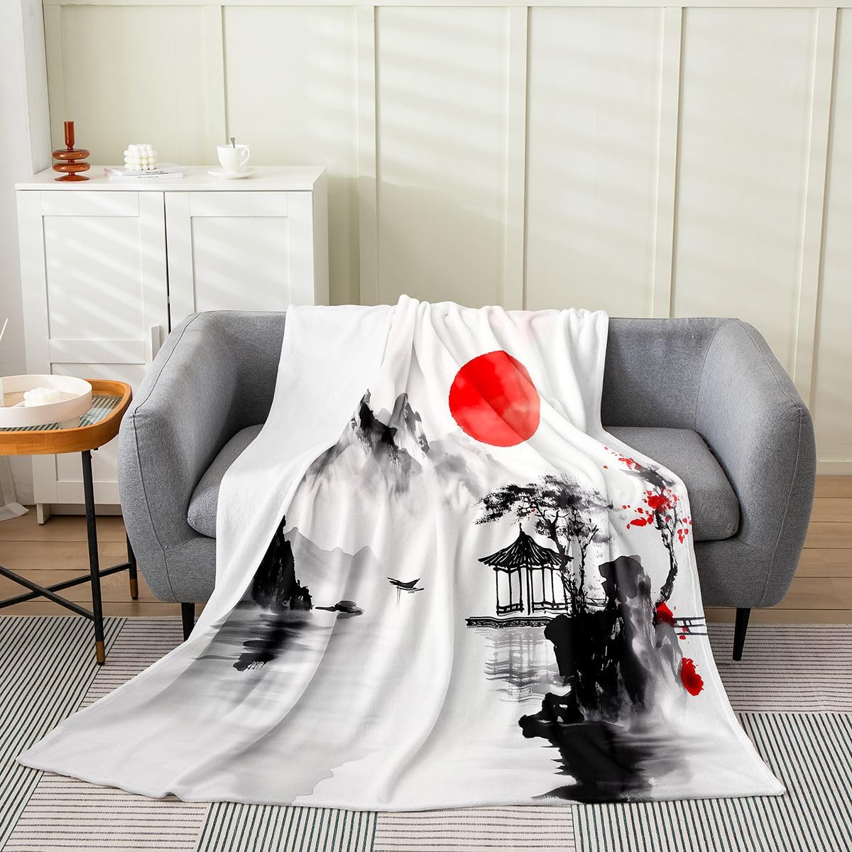 Castle Fairy Sunset Mountain Lake Scenery Flannel Blanket Landscape Painting Art Fleece Throw Blanket for Room Decor,Japanese Style Bedding Set for Bed Sofa Couch,Throw 50"x60"