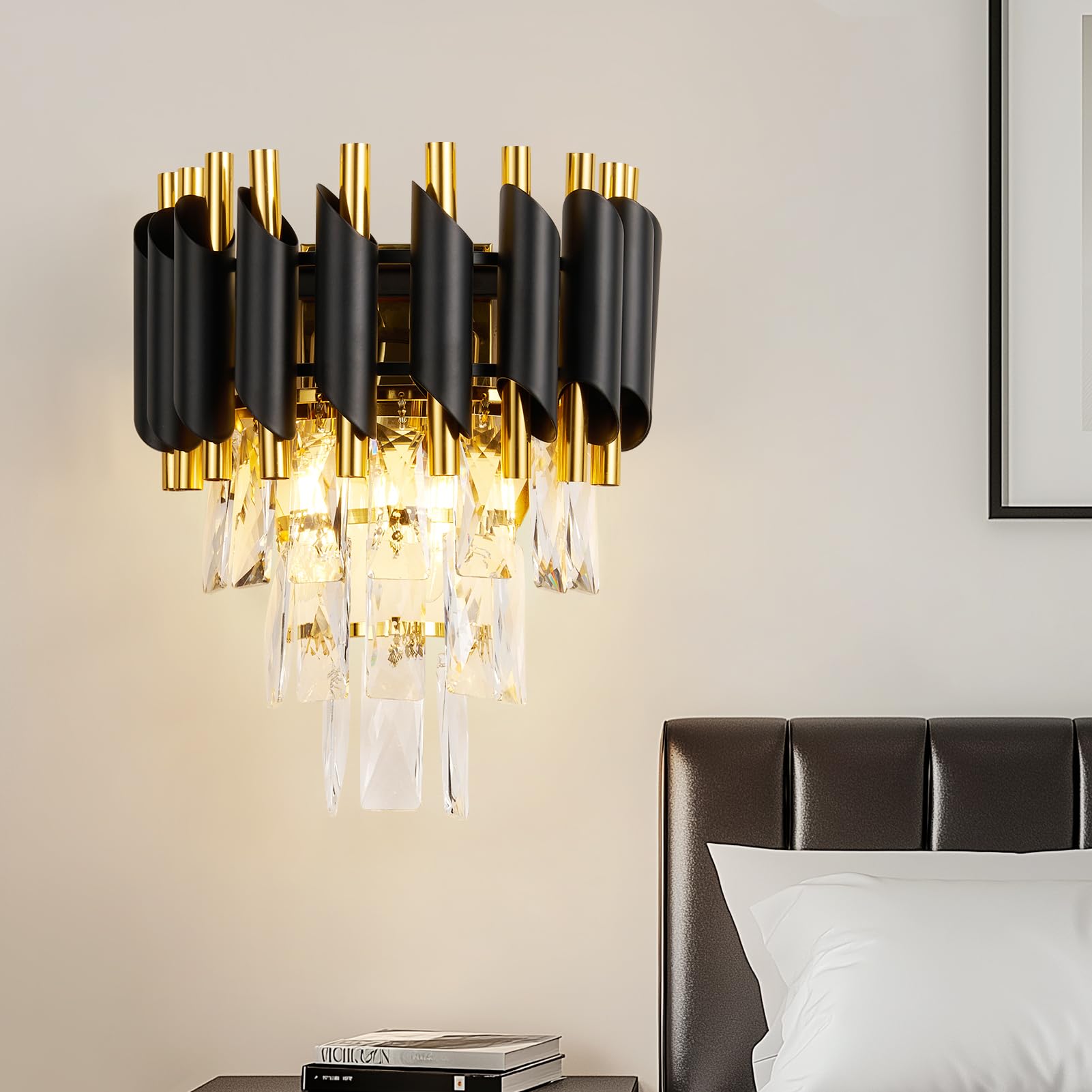Harper Living Black & Gold Crystal Wall Light, Modern Wall Lamp Indoor With 3 Tiers Crystals, Finish, 2Xe14 Luxury Crystal Sconce Light For Living Room Bedroom Hallway Hotel