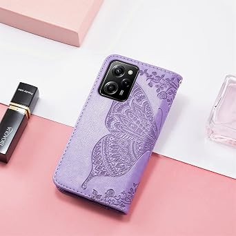 for Xiaomi Poco X5 Pro Flip Case,Butterfly Embossed Flowers PU Leather Magnetic Flip Cover Stand Card Holders Hand Strap Wallet Purse Case for Xiaomi Poco X5 Pro 5G -Light Purple