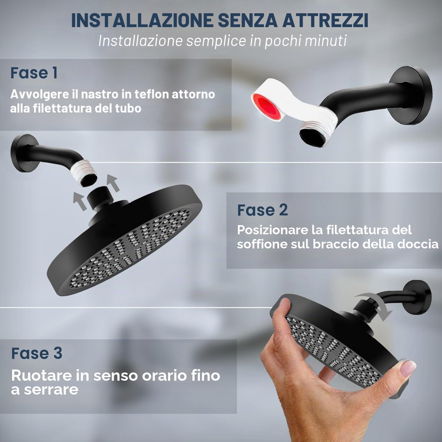 Soffione Doccia Anticalcare Fisso Pioggia Rotondo Regolabile 360° Pulizia Automatica Negro
