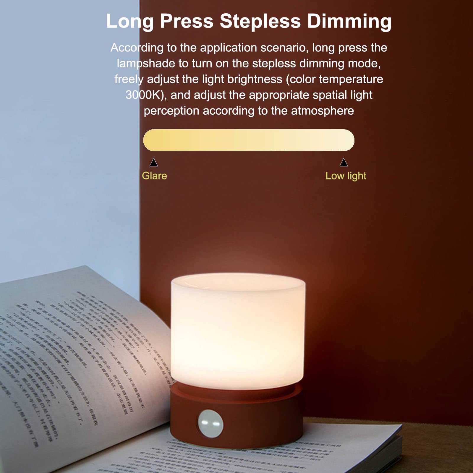 Luce Notturna LED Touch Cilindro,Lampada da Comodino Regolazione Continua Ricaricabile,Il Corpo della Lampada può Essere Ruotato in Tempo,B