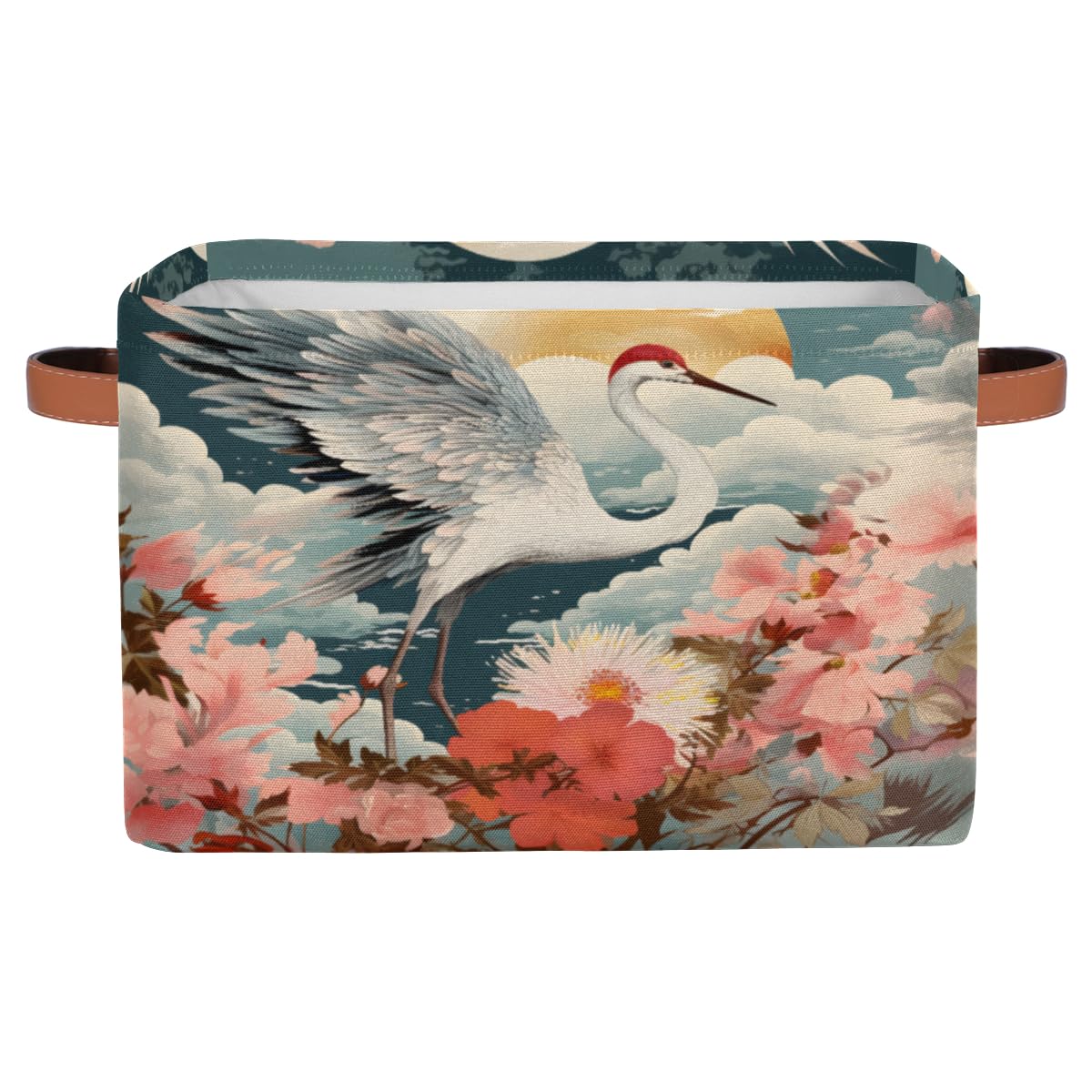 Cranes SunSea Flowers Large Foldable Storage Baskets with Handles, Fabric Collapsible Storage Bin Organizer Bag for Girls Storage Toy Home Pet Closets Offices Bedrooms