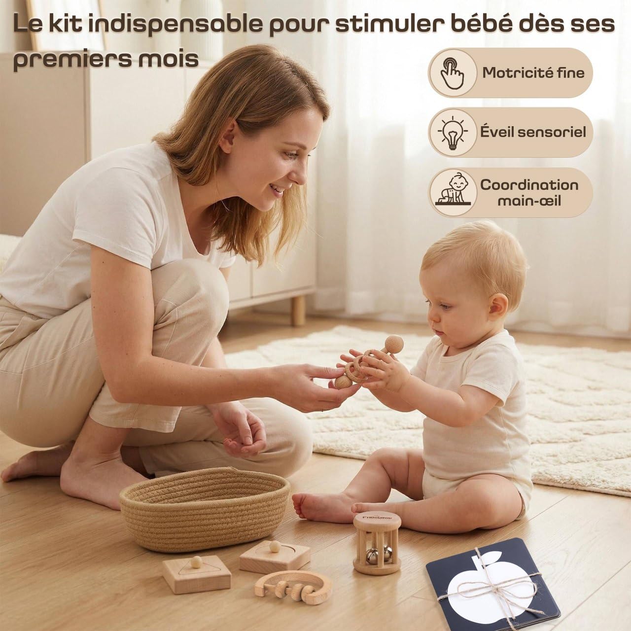 Kit jouet Montessori pour bébé avec Jouets d’Éveil en Bois Naturel, Cartes Visuelles Noir et Blanc, Panier en Coton Premium – Cadeau Naissance, Hochet Dentition, Développement Sensoriel