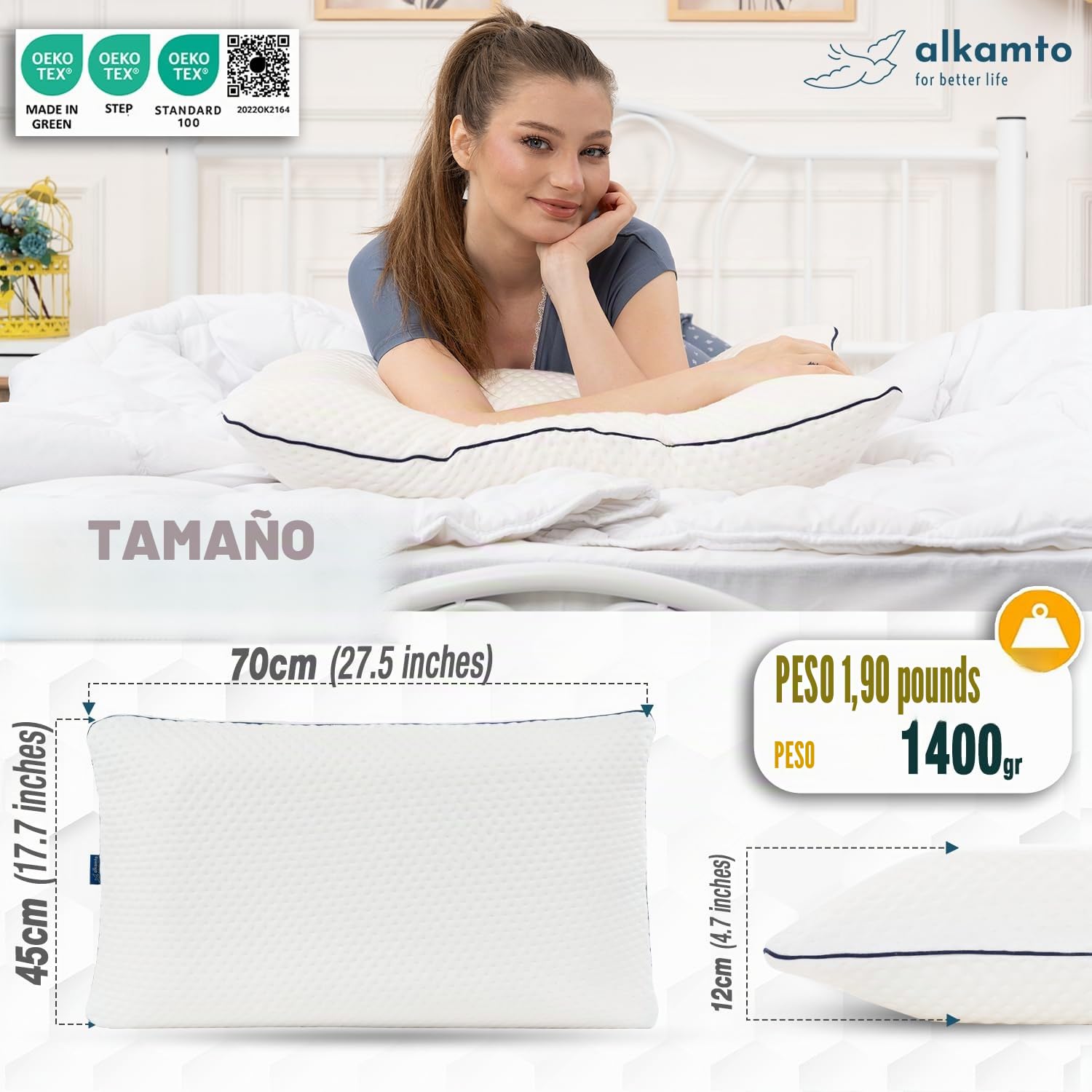 alkamto Almohada de espuma viscoelástica de 70 x 45 cm, almohada ergonómica para el cuello, certificado Oeko-Tex, funda transpirable y termorreguladora, hipoalergénica y lavable, ideal para personas
