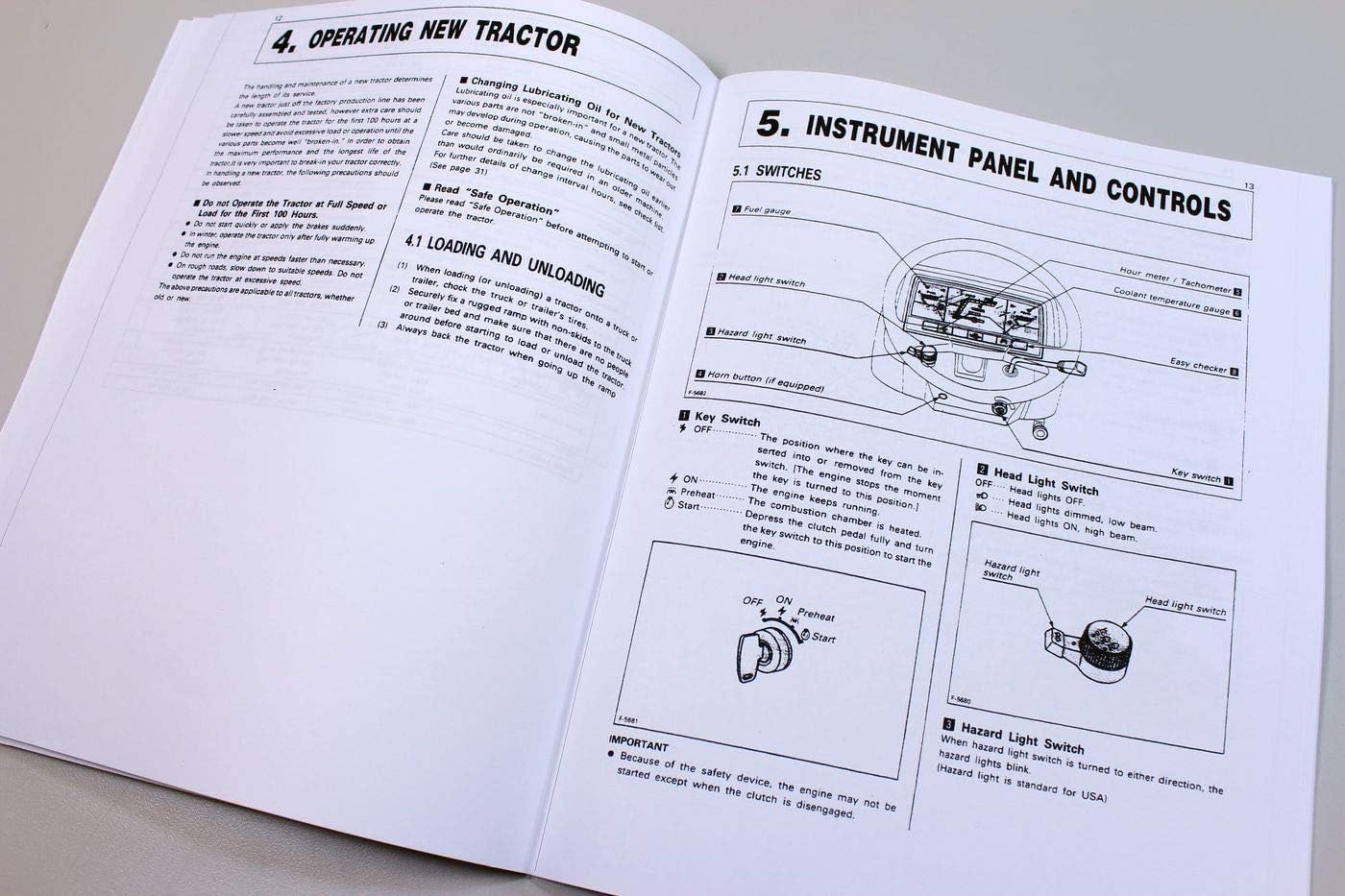 Pages from the Kubota tractor manual showing sections on '4. Operating New Tractor' and '5. Instrument Panel and Controls', with diagrams of switches and gauges.