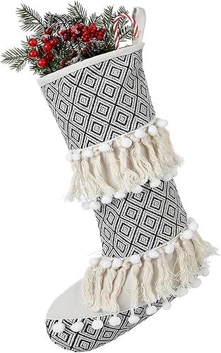 Poen Medias de Navidad de estilo bohemio de 18.5 pulgadas, medias neutras con borlas, medias bohemias de macramé, decoraciones de Navidad de
