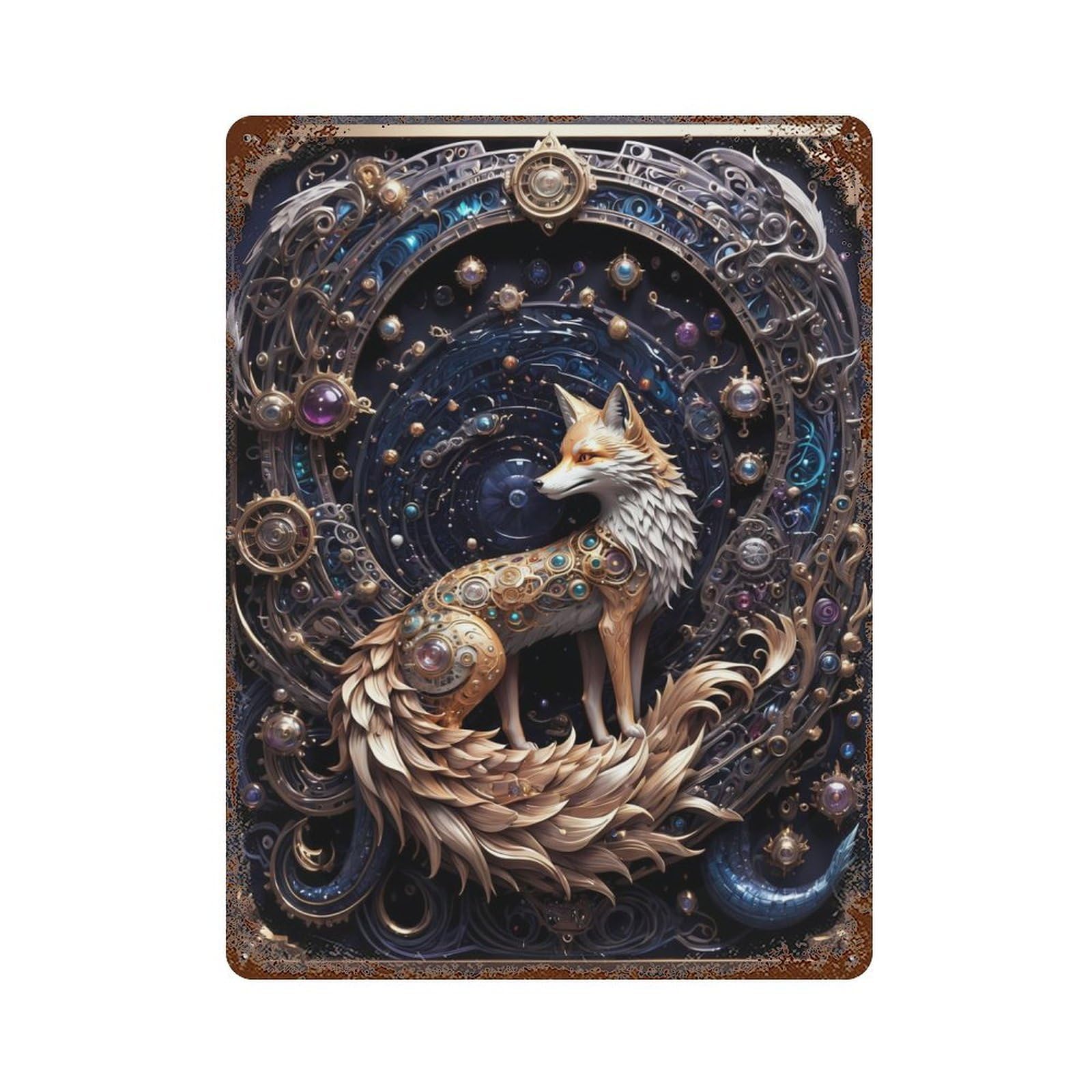 Golden Red Steampunk Fox Rusty Metal Tin Sign 15.7"x11.8", Ideal for Shed, Workshop And Garage Wall Decor