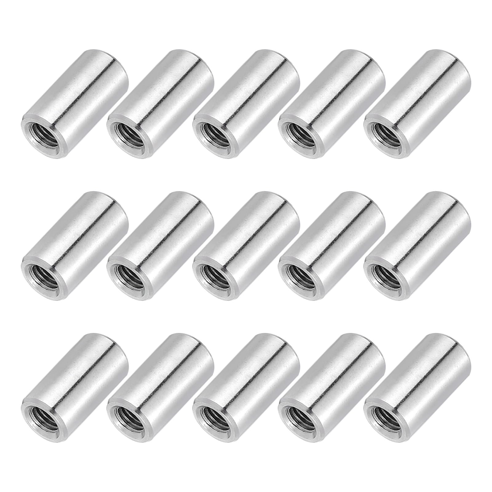 PATIKIL M6x1mm Pitch 304 Stainless Steel Round Coupling Nuts, 15 Pcs 20mm / 0.79" Length Metric Coarse Thread Connector Sleeve Rod Bar Stud Fully Threaded Nut Fasteners, Silver Tone