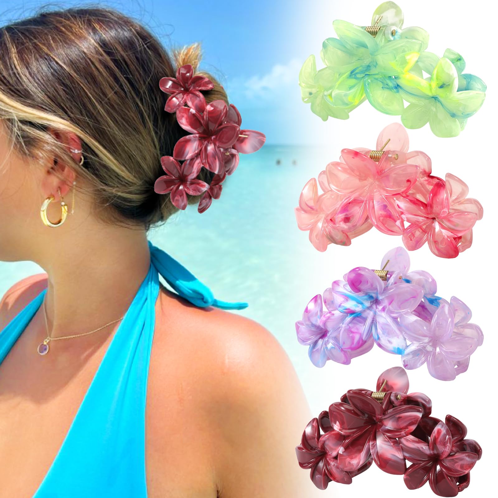 Auseibeely 4Pcs Large Flower Claw Clips - Hawaiian Plumeria Hair Clips for Women, Strong Grip Non-Slip Hair Clip for Thick Hair, Decorative Cute Hair