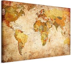 Pinnwand B&D XXL - Weltkarte Pinnwand & Leinwandbild 90x60 cm - 1 Teilig - Kunstdruck modern Wandbilder XXL Wanddekoration Design Wand Bild - Kontinent Landkarte Karte Reise Vintage