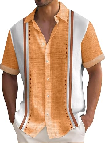 RTRDE Mens Hawaiian Shirts Short Sleeve Casual Striped Buttons Up Summer Beach Vacation Cuban Shirts, M-4XL
