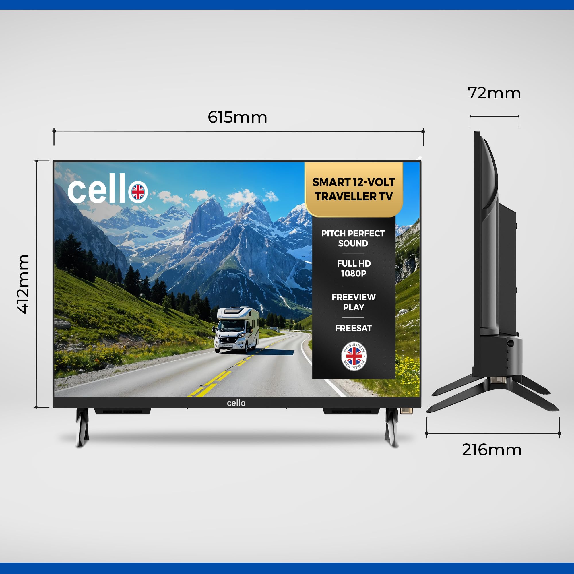 Cello C2725WS Trav 27 Zoll 12V Smart Traveller TV, 230V, WebOS, Freeview Play, Perfect Pitch Sound, ideal für Wohnwagen und Wohnmobile, hergestellt in Großbritannien