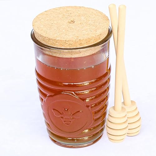 Roskind - Tarro de miel Dispensador de miel de 11 onzas con tapa y juego de cuencos ajustables Tarro de miel de vidrio reciclado duradero con dos