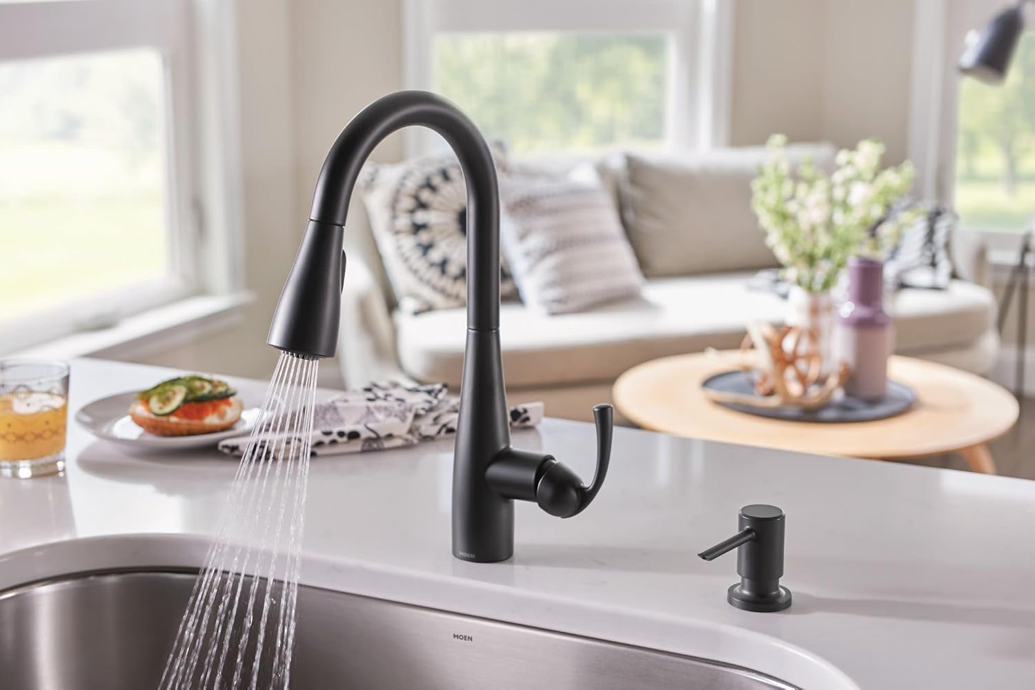 Moen Essie Matte Black Single Handle Pull-Down Sprayer Kitchen Faucet with Soap Dispenser, Reflex and Power Clean Technology, 87014BL - Image 11