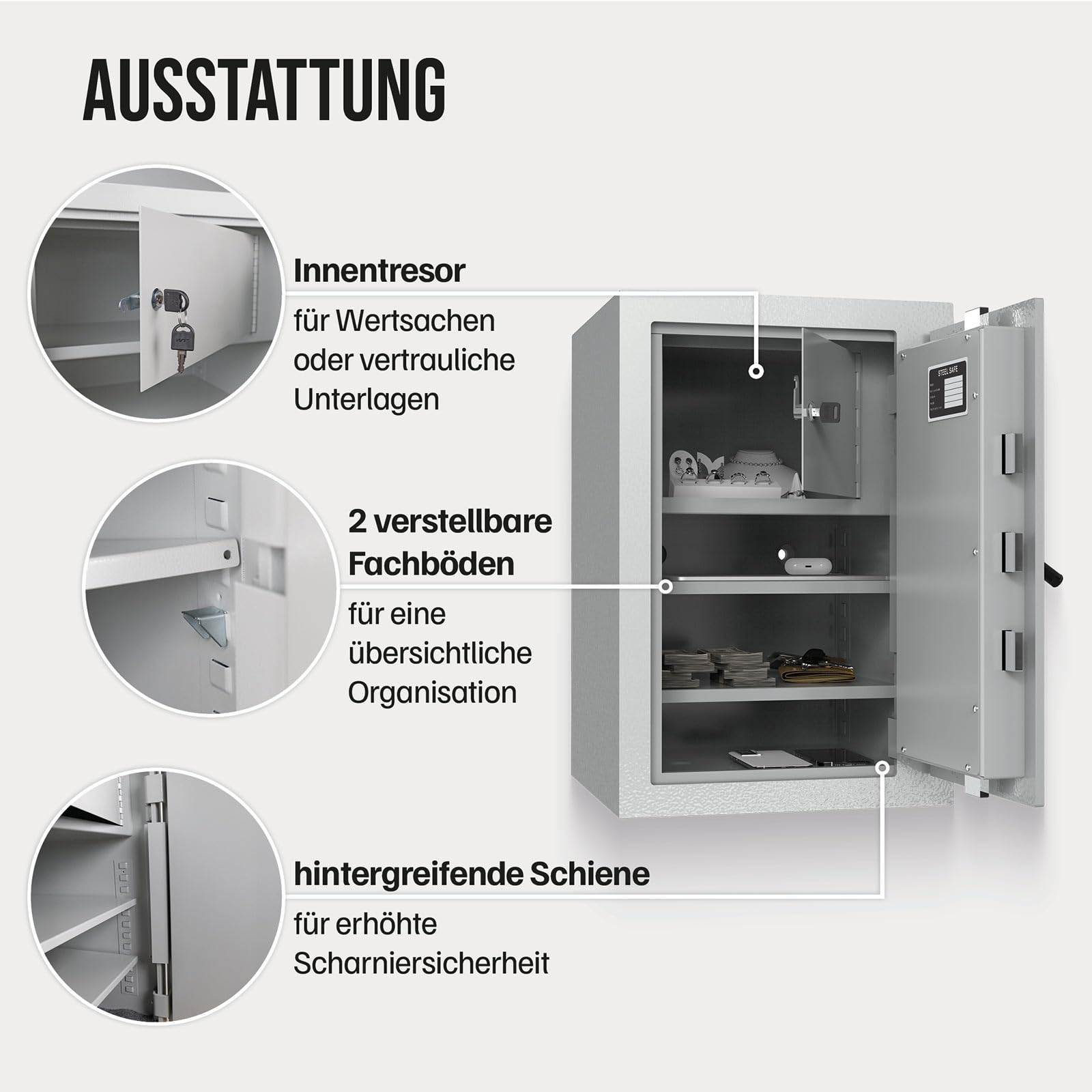 Profirst Wertschutzschrank Fortress 60 EN1 Elektronikschloss Feuerfalz Stahl separat verschließbarer Innentresor 2 verstellbare Fachböden inkl. Befestigungsmaterial
