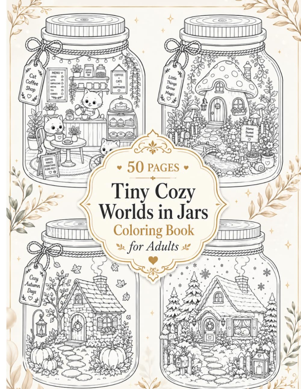 Tiny Cozy Worlds in Jars Coloring Book for adults: 50 Relaxing Miniature Escapes, Cozy Cafés, Bookshops & Seasonal Jar Scenes