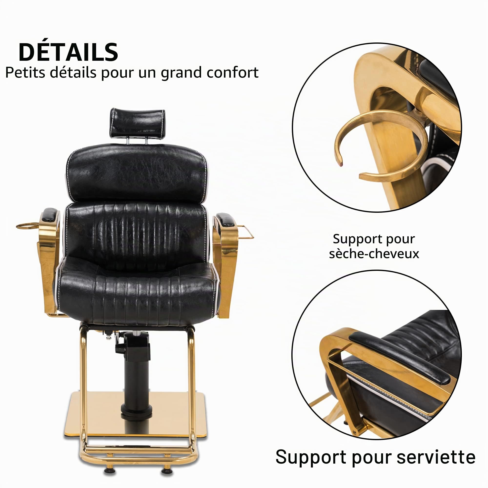 Barberpub 3078 - Fauteuil de coiffeur avec appuie-tête - Hauteur réglable et inclinable - Pour homme et femme - En cuir synthétique - Style vintage rétro - Noir et doré