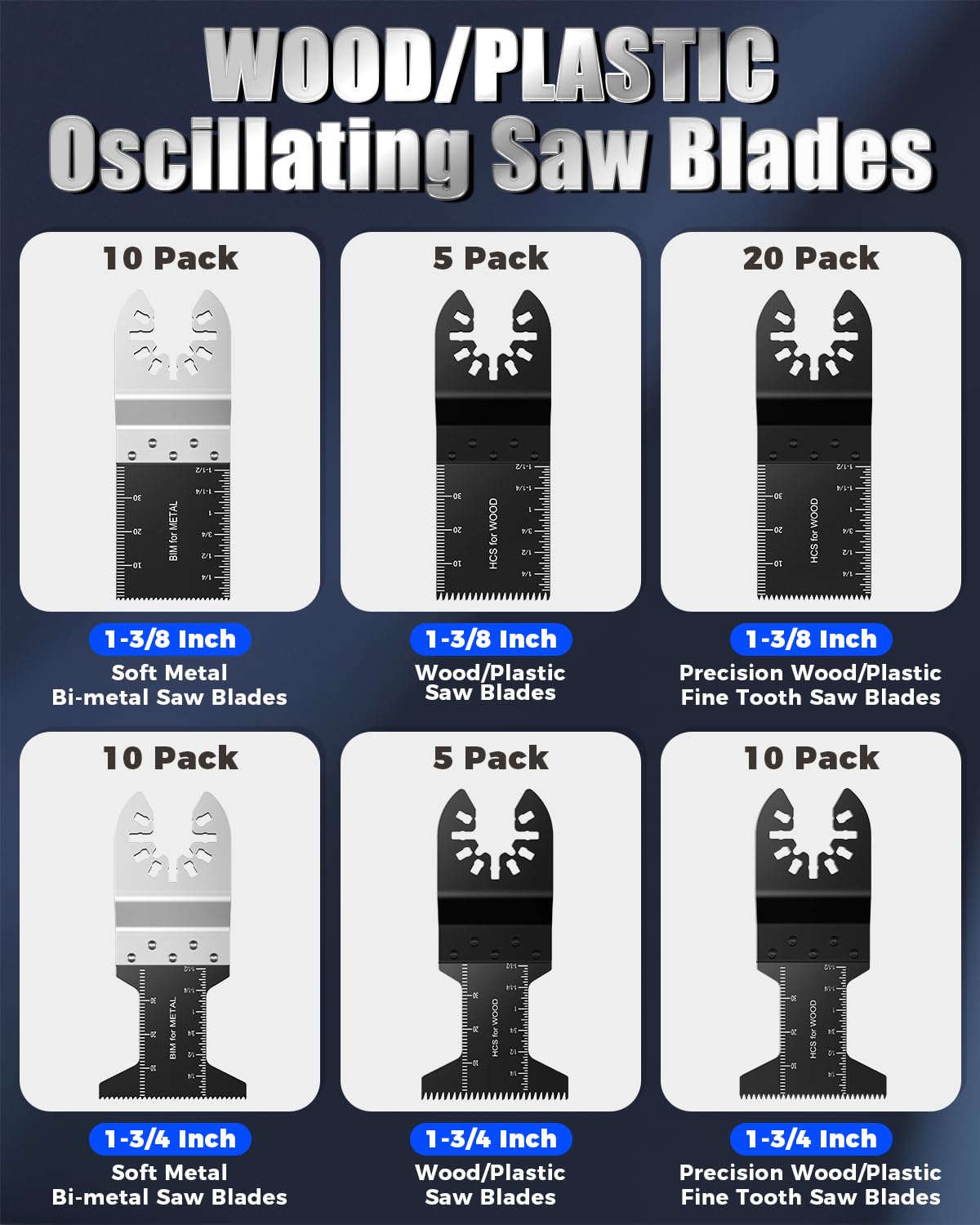 GORWARE 60 hojas de sierra oscilantes, cuchillas multiherramienta bimetálicas de liberación rápida para clavos de metal blando, madera, plástico, compatibles con Milwaukee, Fein Multimaster, Makita,