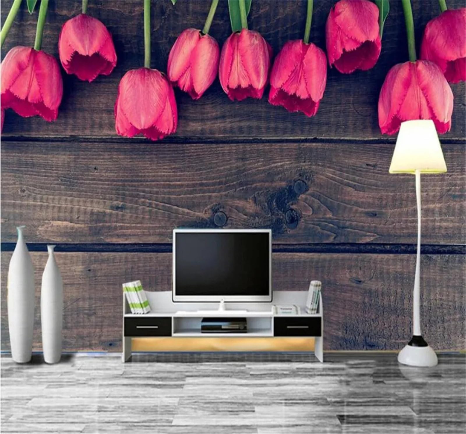 Tzxztt 430Cm×300Cm(B×H) Three Dimensional Beautiful Tulips Retro Woodgrain Modern 3D Wallpaper Premium Textured Silk Neutral Tones Material Ideal For Living Room Bedroom-430Cm×300Cm