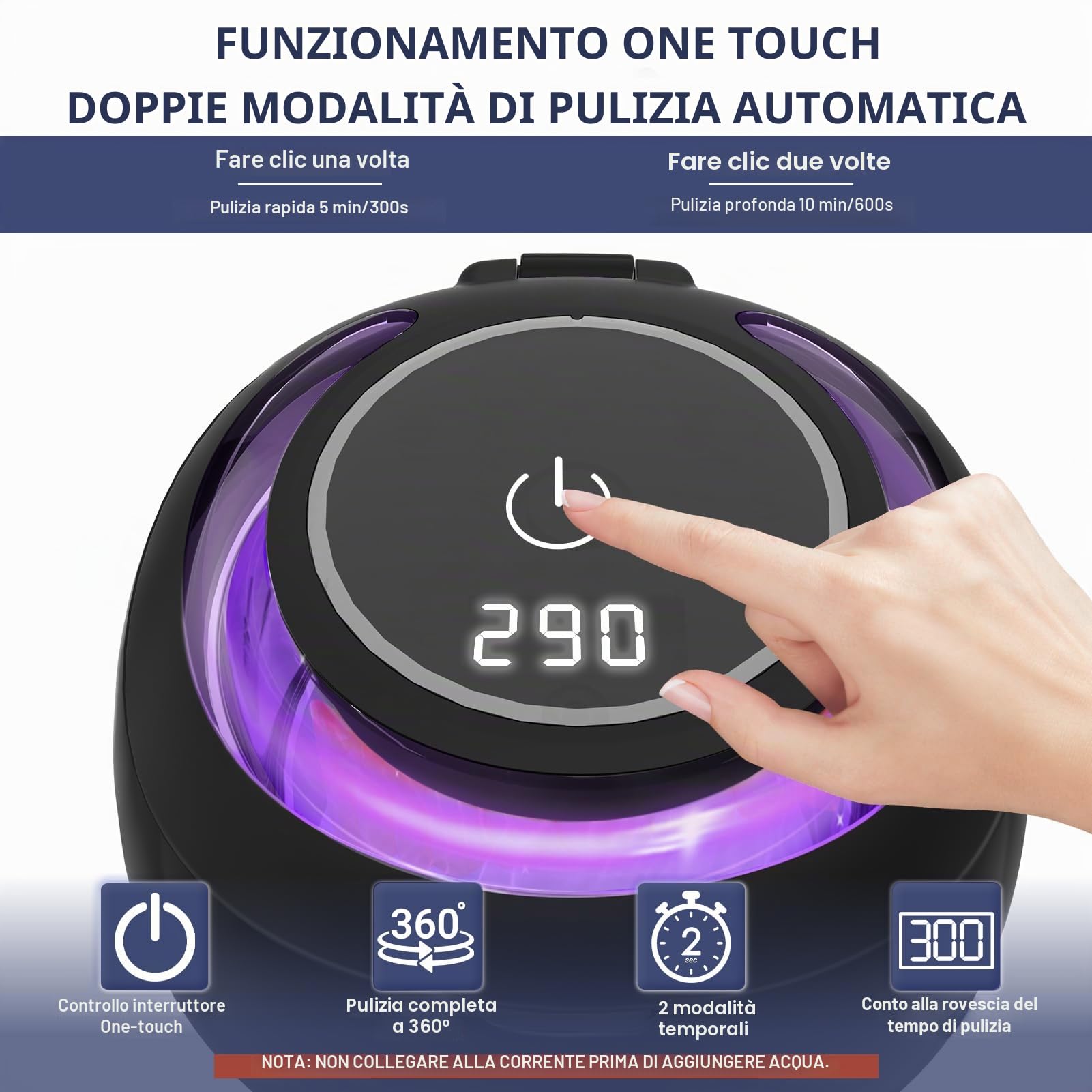 Aoskie Pulitore a Ultrasuoni 42kHz 30W con Lampada UV, 180ML – Pulizia Profonda per Protesi Dentarie, Allineatori, Paradenti, Gioielli e Testine per Spazzolino – Ideale per Casa e Viaggio