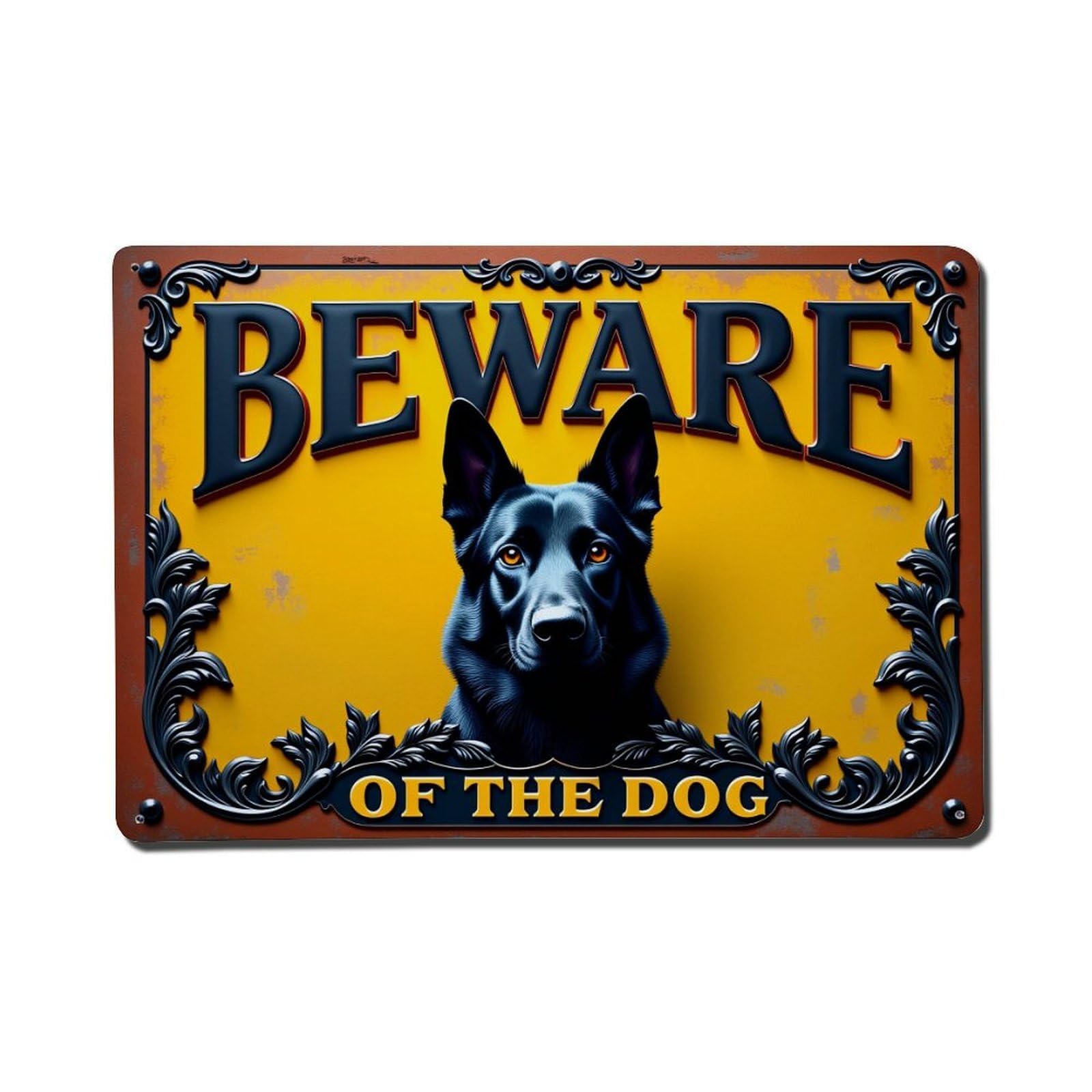 Enderetf Vintage Beware Of The Dog Sign With Black Dog And Ornate Tin Sign Metal Poster, Home Bar Garage Man Cave Cafe Indoor & Outdoor Wall Decoration 8X12inches