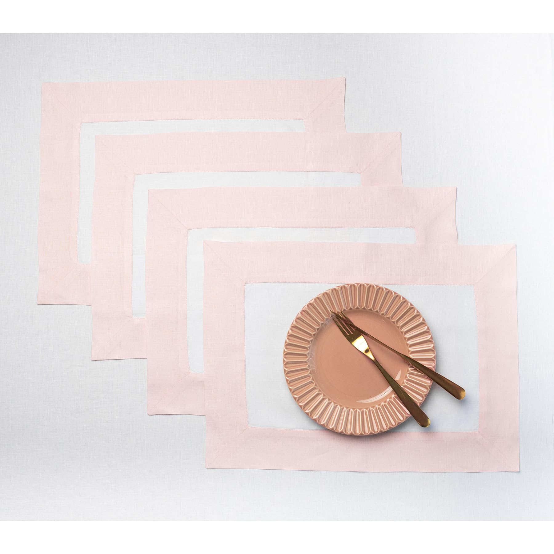 Solino Home Contempo - Juego de 4 manteles individuales de lino 100 % puro, color rosa y blanco, 48 cm de largo x 35 cm de ancho, lavables para primavera, Pascua, color rosa y blanco