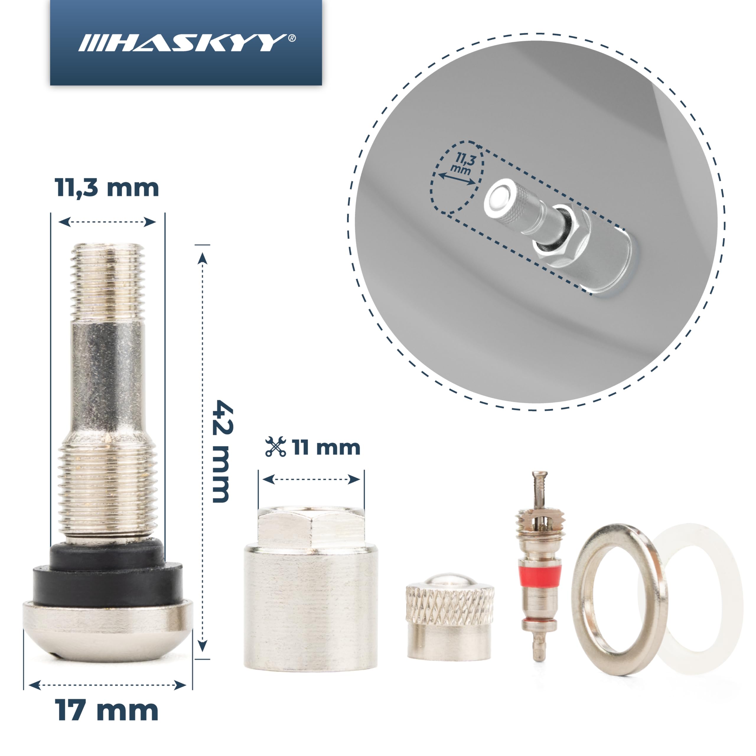 HASKYY 100 x srebrne metalowe zawory do felg samochodowych wentyle stalowe uniwersalne wentylek obręczowe 11,3 mm nowe