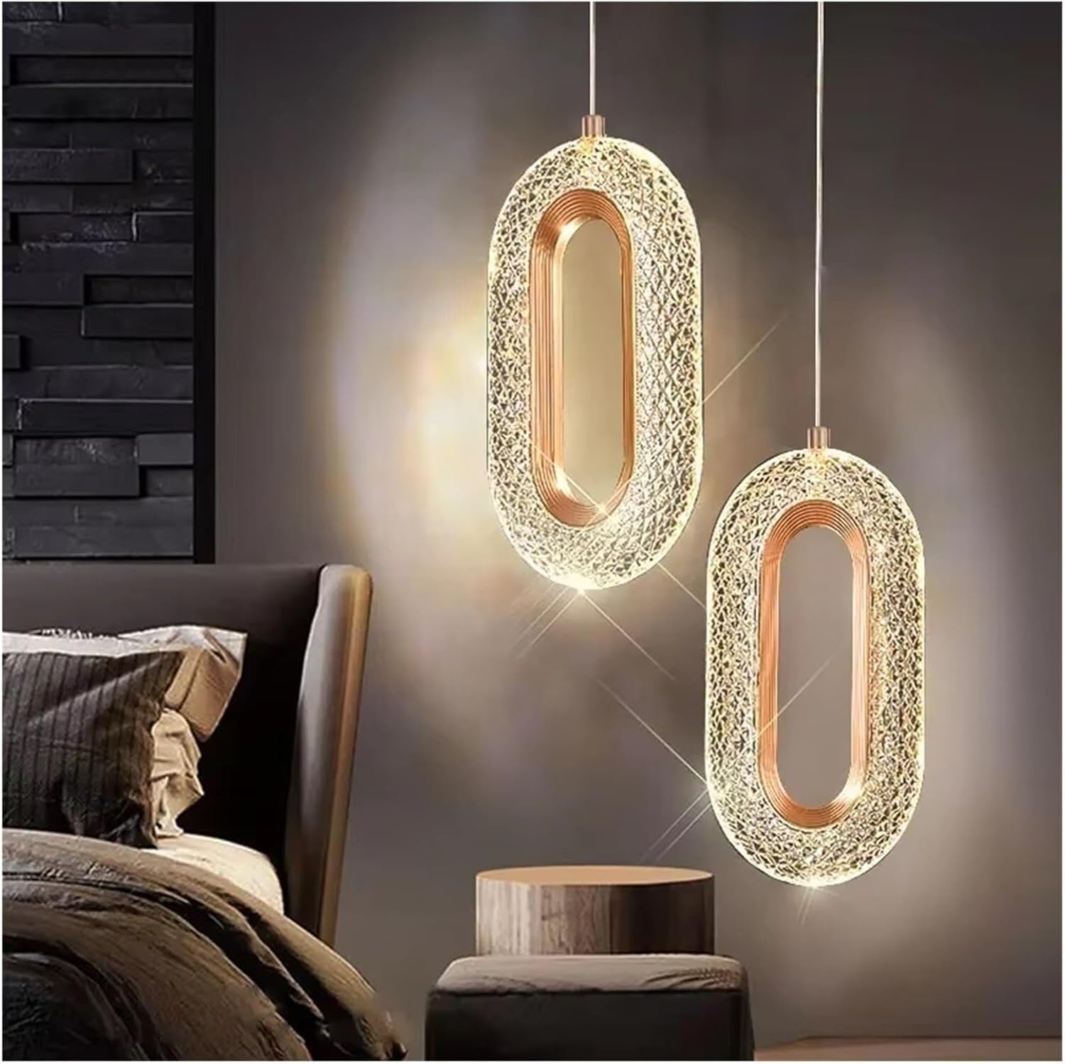 LNPTAL Modern Crystal Pendant Light, Luxury Gold Oval Hanging Lamp, 2-Light Geometric LED Chandelier for Living Room, Bedroom, Dining Table, Contemporary Indoor Art Decor