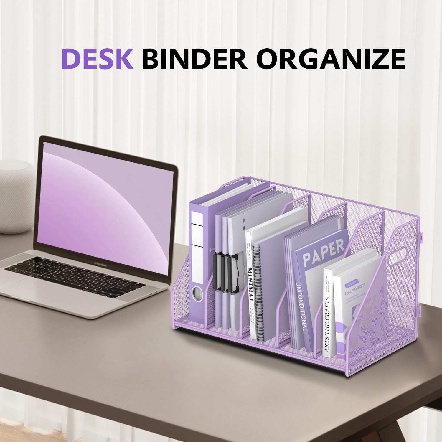 SUPEASY Binder Organizer, Magazine File Holder with 5 Vertical Compartments Rack, Metal Desk File Organizer & Binder Holders, Magazine Organizers for Office Desktop, Home, School (Purple)