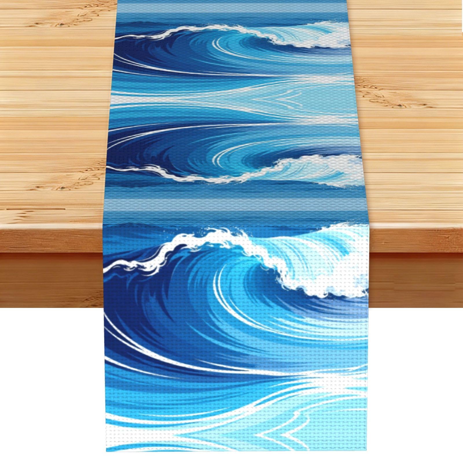 Ocean Wave Blue Linen Look Table Runner 13x72-Wrinkle Resistant Farmhouse Style for Dining Table Decor