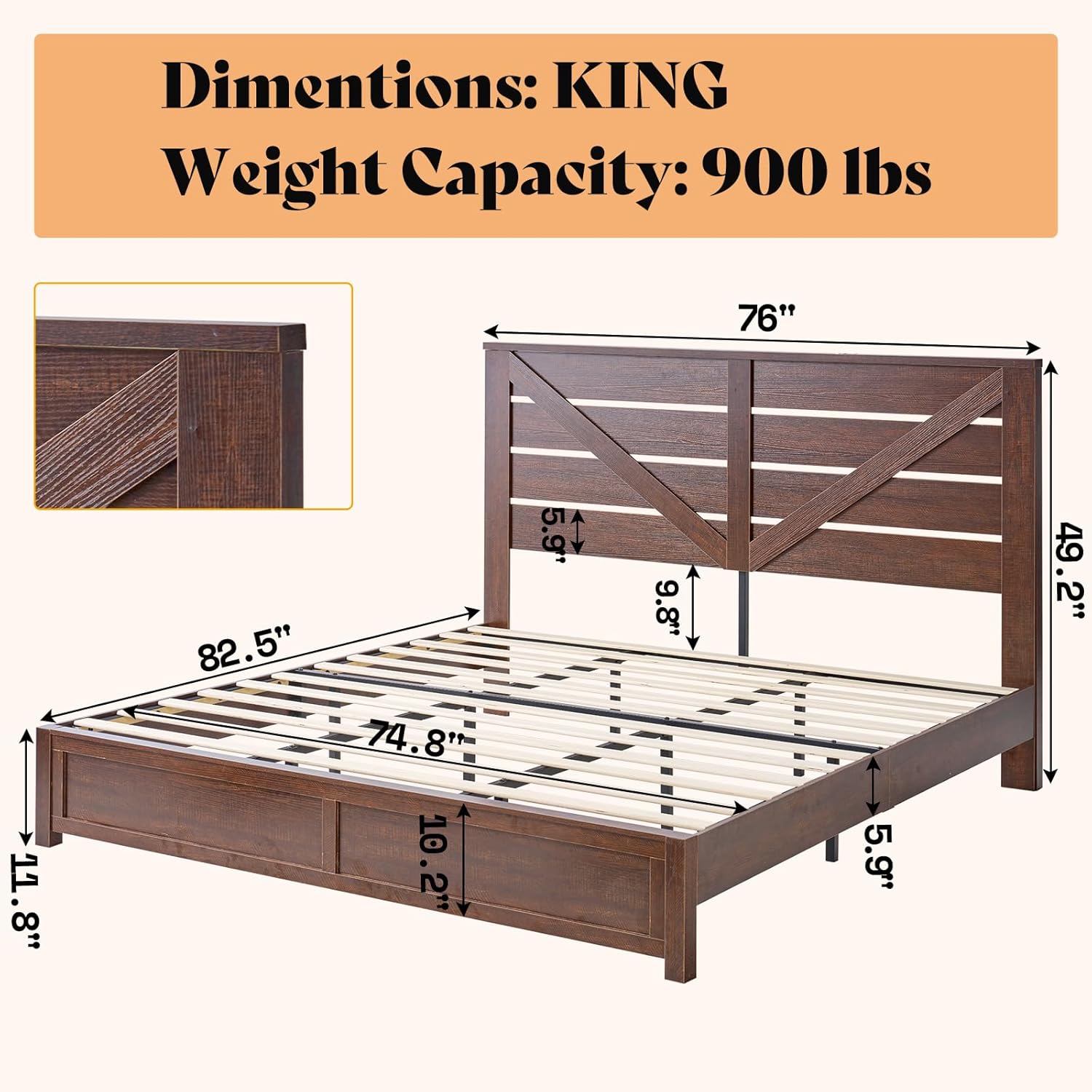 Detailed dimensions of the AMERLIFE King Size Farmhouse Bed Frame