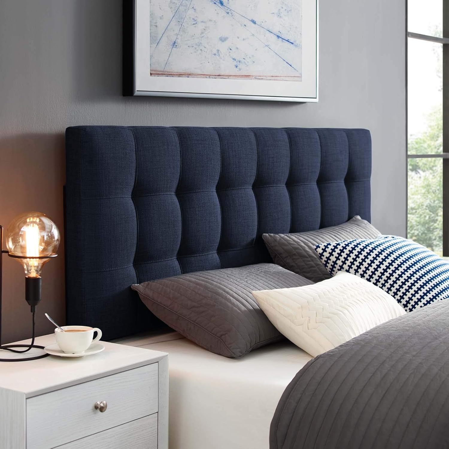 Lily Tufted Linen Fabric Upholstered Full Headboard in Navy