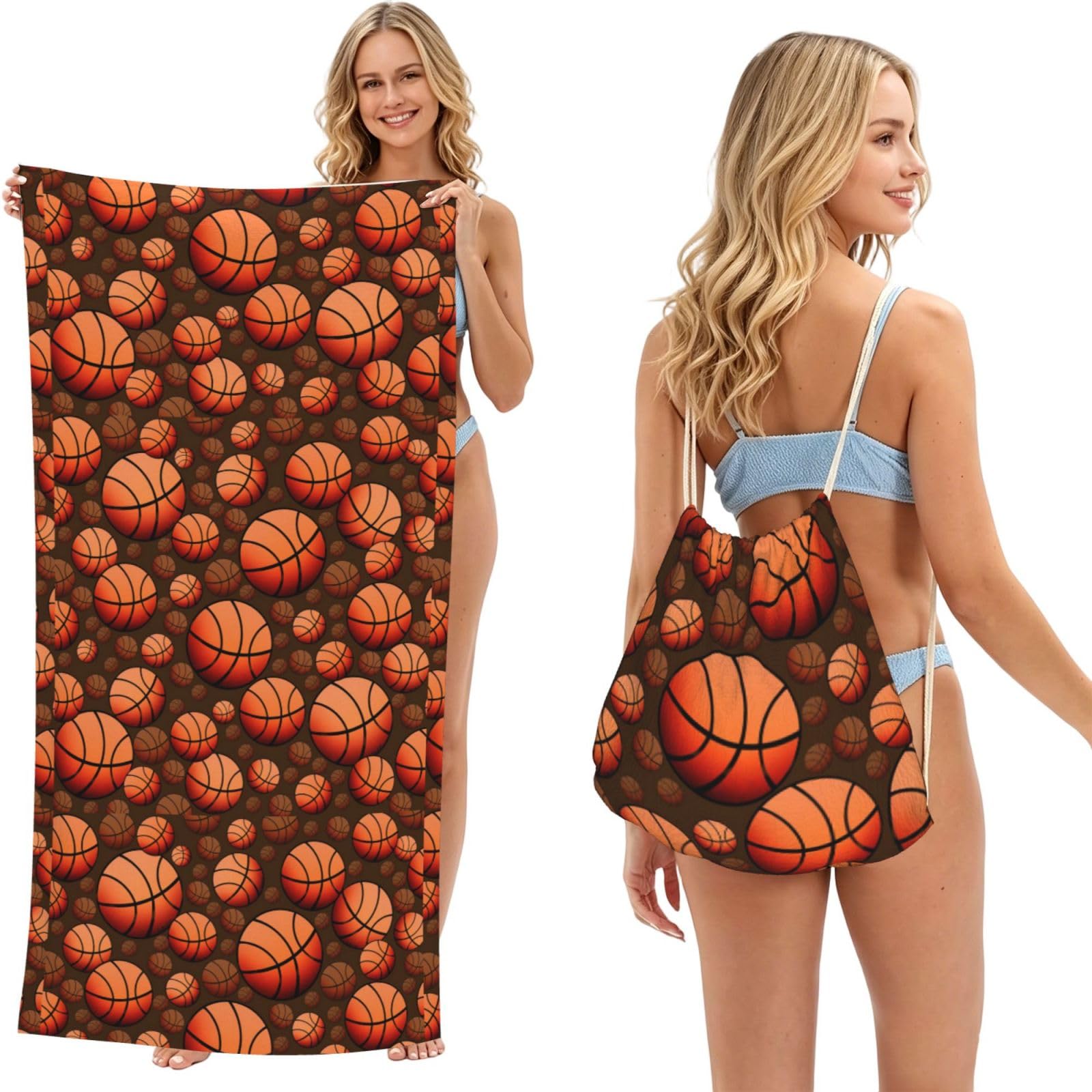 Poadnly As Picture Basketball, 2 In 1 Packable Towel Bag, Beach Towels With Drawstring Backpack For Travel Holiday Camping