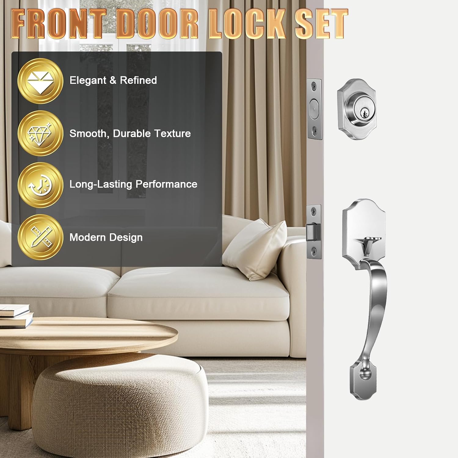 Double Door Handle Lock Set, Heavy Duty Zinc & Aluminum Alloy Entry Handles with Key, Fits 35–45mm Doors (Classical Silver)