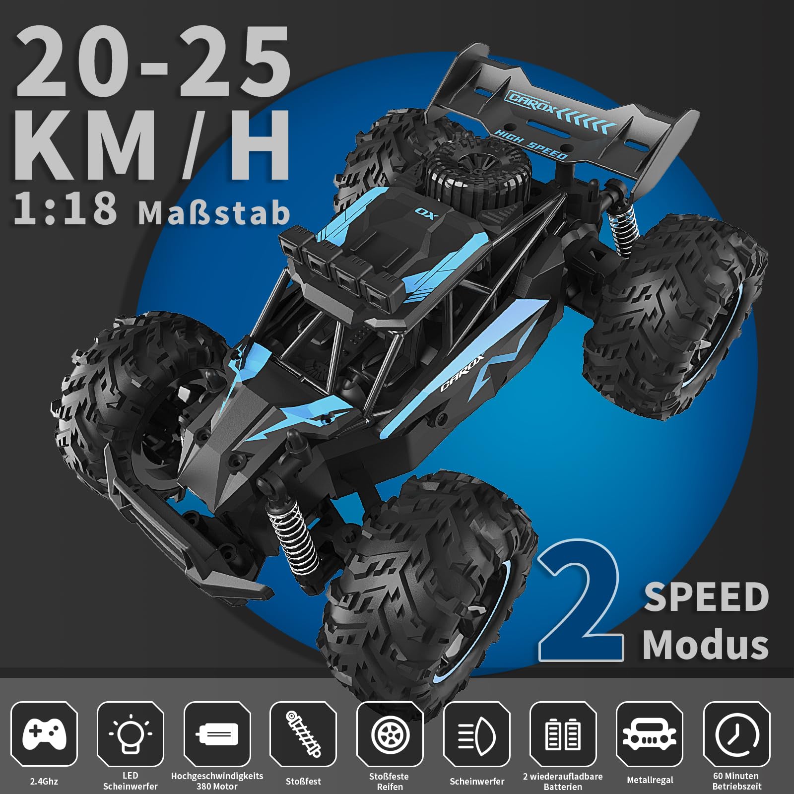 Carox Ferngesteuertes Auto,2.4 GHz 25 km/h RC Auto,1:18 Off Road Monstertruck mit Scheinwerfer und Fahrgestellbeleuchtung Crawler Truck Spielzeug