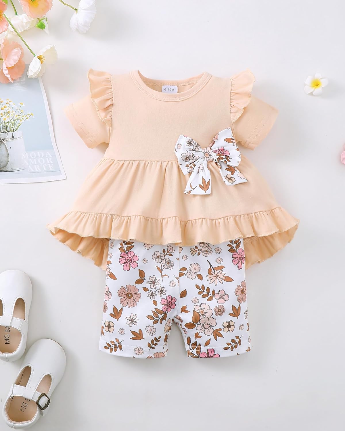 Kucnuzki Baby Girl Clothes Toddler Girls Summer Outfits Kids Short Fly Sleeve Cute Ruffle Shirts Tops Floral Shorts Set - Image 2