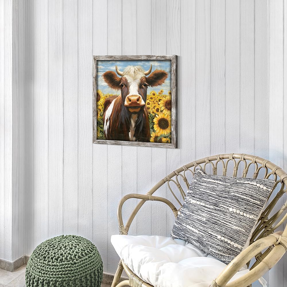Farm Animal Wooden Wall Art: Rustic Cow with Sunflower Framed Picture Farmhouse Painting Artwork for Bedroom