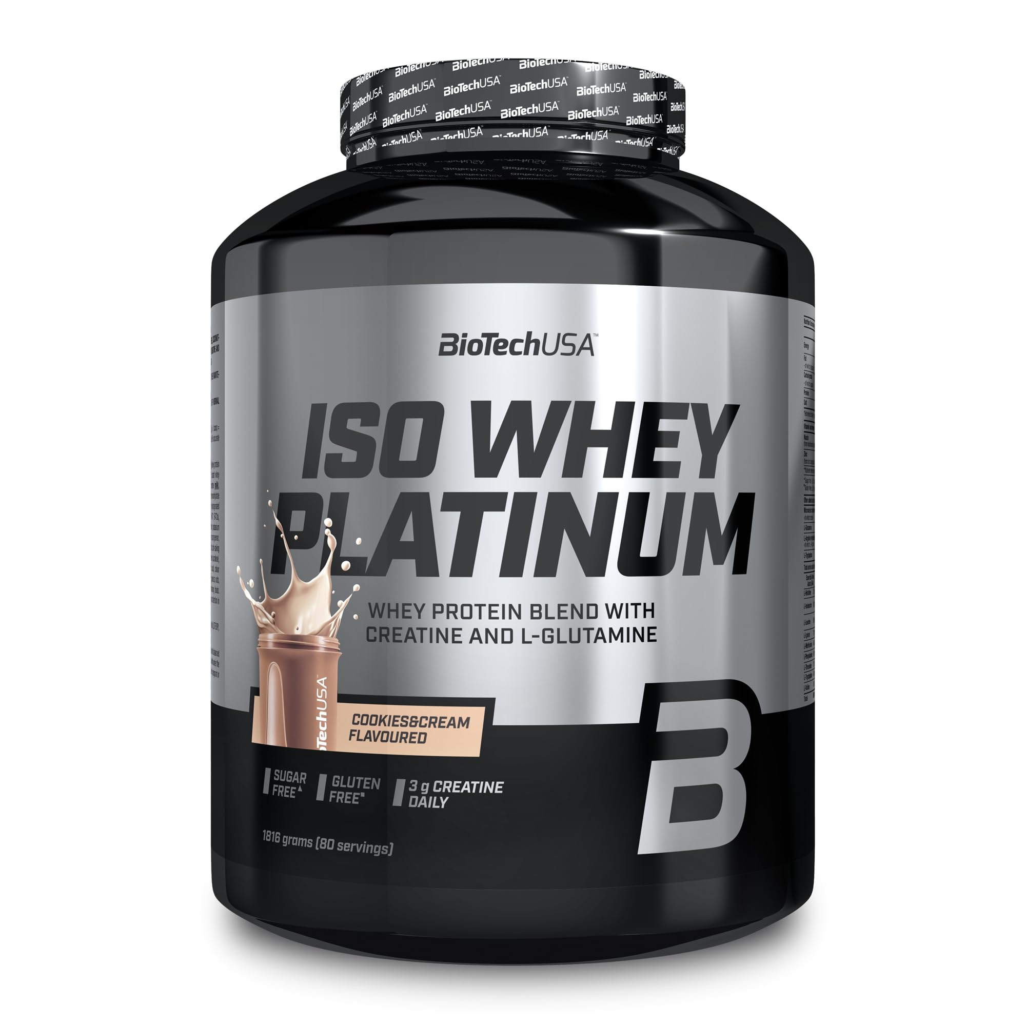 BioTechUSA Iso Whey Platinum | Poudre de protéines de lactosérum isolées et concentrées | 3 g de créatine par portion | Avec zinc et vitamine B3 | 1816 g, Cookies & Cream