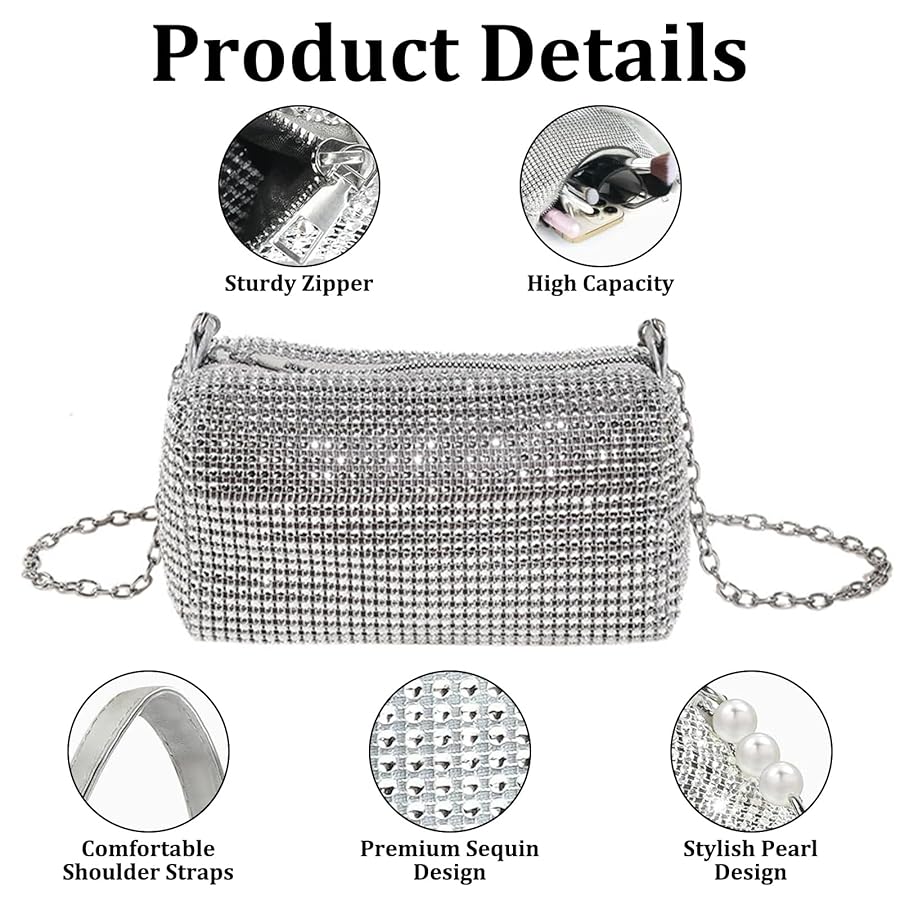 Clutch Tasche Silberne Clutch Glitzer Handtasche Silber YEWCEP