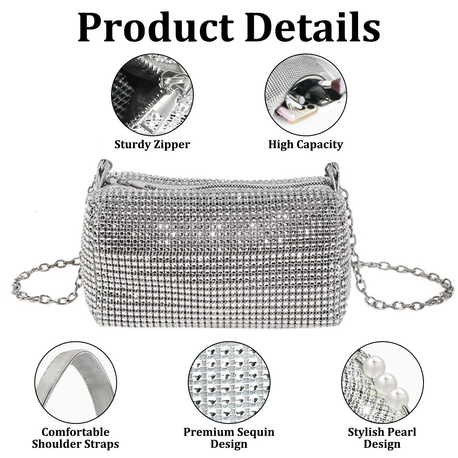 Sac Soirée Argenté Femme Pochette à Bandoulière Pailleté Avec Thé Parfumé
