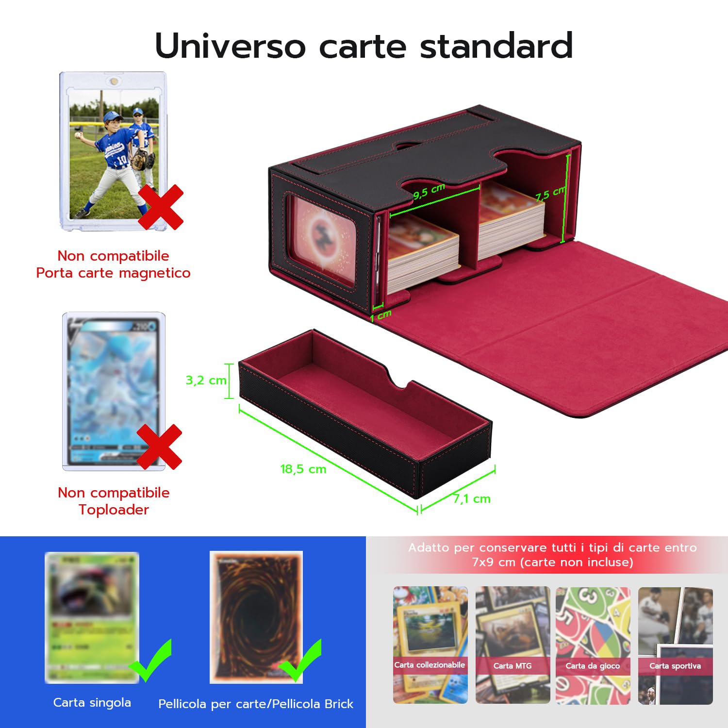 Tolesum Doppio Deck Box Porta Mazzo per MTG, Capacità di 300+ New Carte Senza Maniche con 1 Dice Tray,Magnetic Flip Deck Box per Scatola di Carte di Collezione Magic Commander TCG -Nero e Rosso