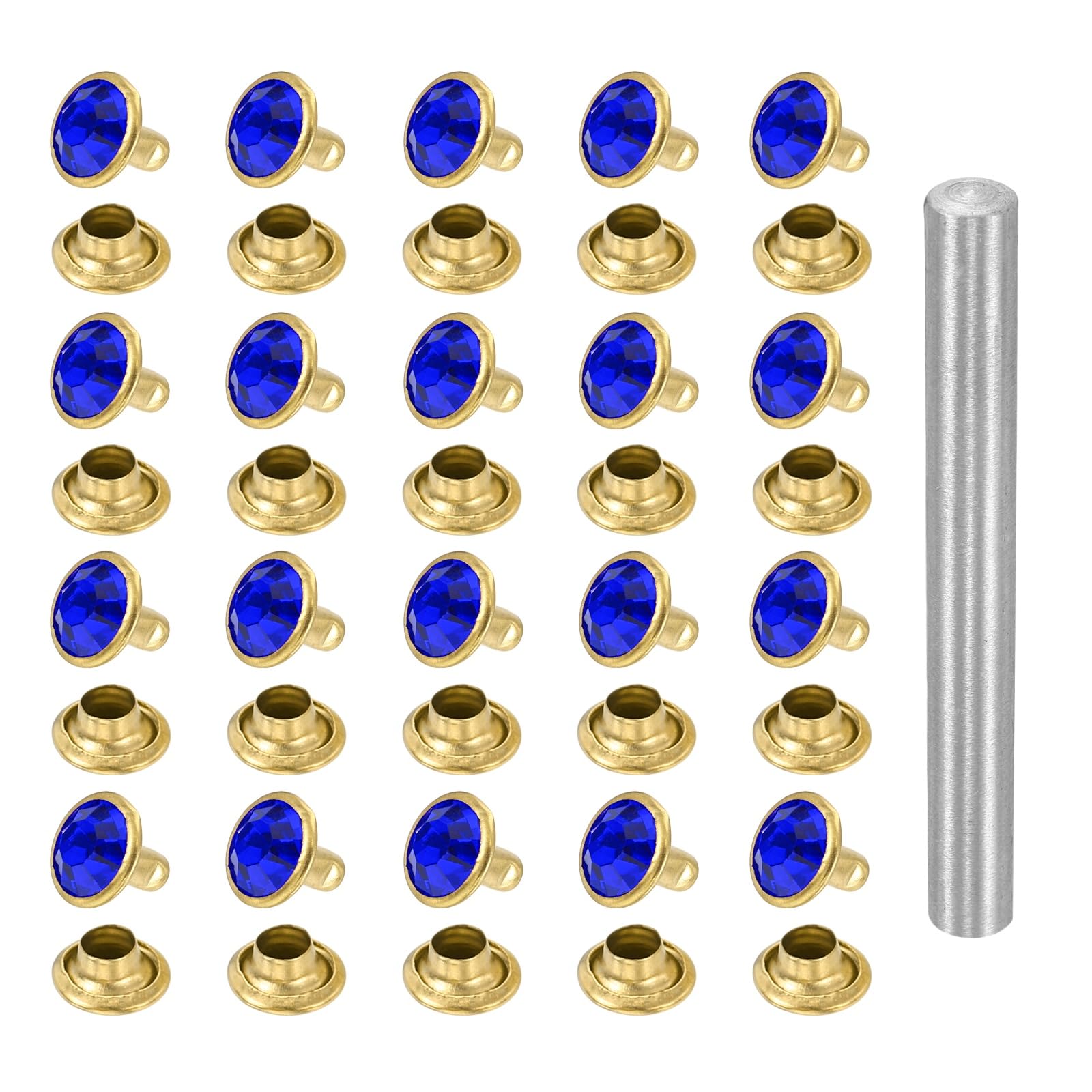 sourcing map 100pcs Crystal Rivets 8mm Rhinestone Rapid Stud Rivets with Steel Installation Tool for Clothing Leather Fabric Arts Decoration Leathercraft DIY, Gold Blue